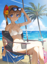 Rule 34 | 1girl, :o, arm up, ball, bare arms, bare legs, bare shoulders, beach, beachball, bikini, blue eyes, blue sky, blush, box, breasts, chair, cleavage, cloud, collarbone, cup, day, domo1220, drink, flower, glasses, glint, hair flower, hair ornament, hibiscus, horizon, crossed legs, light brown hair, light rays, liquid, long hair, looking at viewer, navel, original, outdoors, palm tree, parted lips, plant, ponytail, reflection, ribbon, shore, sidelocks, sitting, sky, solo, stomach, summer, sunglasses, swimsuit, thighs, tree, white bikini, white ribbon