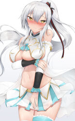 Rule 34 | 1girl, absurdres, arm under breasts, azur lane, blue skirt, blue thighhighs, blush, breast curtains, breasts, centaur (azur lane), commission, cowboy shot, detached sleeves, drake (azur lane), gold trim, grey hair, high ponytail, highres, large breasts, long hair, looking at viewer, midriff, miniskirt, navel, nori aji, pixiv commission, pleated skirt, simple background, skirt, solo, thighhighs, two-tone skirt, underboob, very long hair, white skirt, yellow eyes, zettai ryouiki