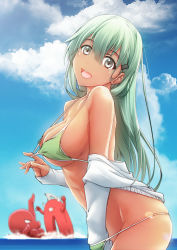 Rule 34 | 1girl, :d, aqua hair, ass, bare shoulders, bikini, bikini tug, blue sky, blush, breasts, cleavage, cloud, day, enemy lifebuoy (kancolle), green bikini, green eyes, hair ornament, hairclip, hand in bikini, head tilt, jacket, kantai collection, large breasts, long hair, long sleeves, looking at viewer, open mouth, outdoors, remodel (kantai collection), skindentation, sky, slowpit, smile, suzuya (kancolle), swimsuit, tan, thighs
