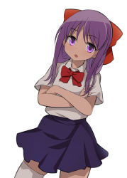 Rule 34 | 1girl, blue skirt, bow, bowtie, commentary, cowboy shot, crossed arms, dress shirt, hair bow, half updo, highres, himematsu school uniform, long hair, looking at viewer, miniskirt, open mouth, pila (pilayamato), purple eyes, purple hair, red bow, red bowtie, saki, school uniform, shirt, short sleeves, simple background, skirt, solo, standing, suehara kyouko, thighhighs, white background, white shirt, white thighhighs, wing collar