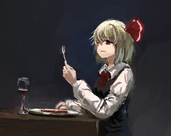 Rule 34 | 1girl, ascot, black background, closed mouth, commentary, cup, drinking glass, fork, hair ribbon, holding, holding fork, long sleeves, looking at viewer, red ascot, red eyes, red ribbon, ribbon, rumia, simple background, solo, touhou, upper body, wine glass, zhuxie1264852