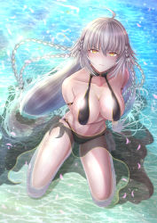 Rule 34 | 1girl, absurdres, ahoge, alternate hairstyle, arm across waist, arm support, beach, bikini, black bikini, black sarong, blush, breasts, cleavage, day, fate/grand order, fate (series), floating hair, heroic spirit festival outfit, highres, jeanne d&#039;arc alter (swimsuit berserker) (fate), jeanne d&#039;arc (fate), jeanne d&#039;arc alter (fate), jeanne d&#039;arc alter (festival outfit) (fate), kneeling, large breasts, leaning, long hair, looking at viewer, navel, ocean, official alternate costume, penguintake, petals, quad braids, sarong, silver hair, solo, stomach, sunlight, swimsuit, thighs, twintails, very long hair, water, yellow eyes