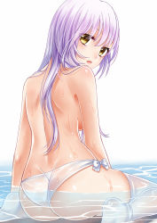 Rule 34 | 1girl, ass, bikini, bikini bottom only, breasts, butt crack, character request, haneru, long hair, looking back, medium breasts, partially submerged, pink hair, sitting, solo, swimsuit, thighhighs, topless, water, wet, yellow eyes