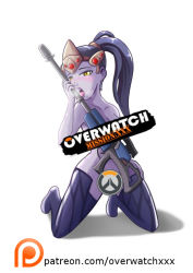 Rule 34 | 1girl, bad anatomy, breasts, censored, female focus, licking, licking weapon, looking at viewer, nude, overwatch, overwatch: mission xxx, overwatch 1, patreon, patreon username, poorly drawn, pussy, solo, watermark, weapon, web address, widowmaker (overwatch)