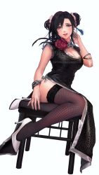 1girl, absurdres, alternate costume, alternate hairstyle, animal print, black hair, blush, bracelet, breasts, chair, chinese clothes, cleavage, cleavage cutout, clothing cutout, double bun, dress, eyelashes, final fantasy, final fantasy vii, final fantasy vii remake, fishnet legwear, fishnets, flower, full body, hair ornament, high heels, highres, jewelry, lace, lace-trimmed legwear, lace trim, large breasts, leopard print, long hair, looking at viewer, official alternate costume, open mouth, red eyes, red flower, red rose, rose, sitting, solo, spykeee, thighhighs, tifa lockhart, tifa lockhart&#039;s sporty dress, twitter username, wall market, white background