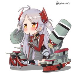 Rule 34 | 1girl, ahenn, antenna hair, azur lane, black gloves, chibi, commentary request, cross, finger in own mouth, gloves, hair ornament, iron cross, long hair, lowres, machinery, prinz eugen (azur lane), silver hair, simple background, sitting, solo, turret, twitter username, two side up, white background, yellow eyes