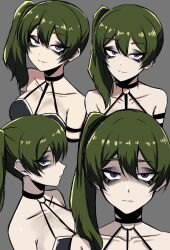 Rule 34 | 1girl, black choker, black eyeshadow, breasts, choker, cleavage, commentary request, expressionless, eyeshadow, from side, green hair, grey background, highres, large breasts, long hair, looking at viewer, makeup, multiple views, nagainegi, o-ring, o-ring choker, profile, purple eyes, side ponytail, simple background, smile, sousou no frieren, ubel (sousou no frieren), upper body