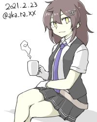 Rule 34 | 1girl, akara kai, alternate hair color, alternate hairstyle, belt, black skirt, black vest, blue necktie, brown hair, closed mouth, coffee cup, cup, dated, disposable cup, dress shirt, gloves, hair ornament, hairclip, holding, kantai collection, long hair, looking at viewer, necktie, open clothes, open vest, oyashio (kancolle), pleated skirt, shirt, simple background, sitting, skirt, solo, steam, twitter username, vest, white background, white gloves, white shirt, yellow eyes