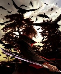 Rule 34 | 1boy, bird, black hair, jewelry, lily (artist), male focus, naruto, naruto (series), nature, outdoors, red eyes, ring, sky, solo, sword, tree, uchiha itachi, weapon