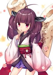 Rule 34 | 1girl, absurdres, blue skirt, blunt bangs, brown hair, carrying, cherry blossoms, commentary, cowboy shot, flower, fox mask, headgear, highres, japanese clothes, kimono, kiritanpo (food), looking at viewer, mask, medium hair, miniskirt, motiumi moti, obi, open mouth, oversized food, oversized object, pink flower, pink kimono, pleated skirt, red eyes, sash, skirt, solo, touhoku kiritan, twintails, voiceroid, white background