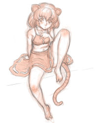 Rule 34 | 1girl, animal ears, barefoot, blush, bra, collarbone, full body, gem, highres, jewelry, kuro suto sukii, leg up, looking at viewer, midriff, mouse ears, mouse tail, navel, nazrin, necklace, no shirt, pendant, simple background, sketch, skirt, solo, tail, touhou, underwear, white background