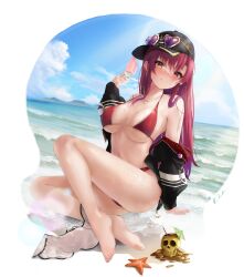 Rule 34 | 1girl, arm support, armpit crease, ass, bare shoulders, barefoot, beach, bikini, black headwear, black jacket, blue sky, breasts, cloud, cloudy sky, day, dokuro-kun (houshou marine), eyelashes, feet, food, full body, gold trim, gradient hair, hand up, heterochromia, highres, holding, hololive, houshou marine, houshou marine (summer), jacket, jewelry, knee up, large breasts, legs, licking lips, long hair, long sleeves, looking at viewer, lukas reule, micro bikini, multicolored hair, necklace, off shoulder, official alternate costume, open clothes, open jacket, outdoors, popsicle, purple hair, red bikini, red eyes, red hair, short shorts, shorts, shorts around one leg, sidelocks, signature, sky, solo, starfish, swimsuit, thighs, toenails, toes, tongue, tongue out, virtual youtuber, white shorts, yellow eyes