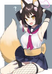 1girl, ?, absurdres, animal ear fluff, animal ears, armpits, arms behind head, arms up, bangs, bare shoulders, black hair, blue archive, blue skirt, blush, breasts, brown eyes, commentary request, eyebrows visible through hair, fang, fishnet legwear, fishnets, fox ears, fox girl, fox mask, fox tail, highres, izuna (blue archive), kunai, looking at viewer, mask, mask on head, medium breasts, omucchan (omutyuan), open mouth, pleated skirt, shirt, single thighhigh, sitting, skirt, sleeveless, sleeveless shirt, solo, sweat, tail, thighhighs, weapon, white shirt, yokozuwari