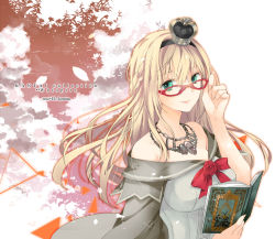 Rule 34 | 10s, 1girl, adjusting eyewear, aqua eyes, bare shoulders, bespectacled, blonde hair, book, braid, breasts, crown, dress, english text, eyebrows, french braid, glasses, hair between eyes, headband, jewelry, kantai collection, konataeru, large breasts, lips, long hair, looking at viewer, mini crown, necklace, open book, reading, sky, smile, solo, warspite (kancolle)