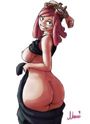 Rule 34 | 1girl, artist name, ass, bare shoulders, black shirt, boku no hero academia, breasts, clothes pull, goggles, goggles on head, hatsume mei, highres, huge ass, large breasts, long hair, looking at viewer, looking back, nashi255, nipples, no bra, no panties, pink hair, shirt, shirt pull, sideboob, solo, symbol-shaped pupils, tank top, undressing, white background