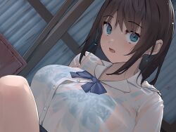 Rule 34 | 1girl, blue eyes, blush, bow, bowtie, bra, breasts, brown hair, button gap, dutch angle, eyebrows hidden by hair, female focus, highres, indoors, large breasts, long hair, looking at viewer, open mouth, original, satsuki neko, school uniform, see-through, shirt, sitting, solo, underwear, upper body, wet, wet clothes, wet shirt