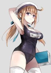 Rule 34 | 10s, 1girl, arm up, armpits, bad id, bad pixiv id, blonde hair, blue eyes, blush, book, book stack, breasts, brown hair, cleavage, glasses, hat, highres, holding, holding book, i-8 (kancolle), kantai collection, large breasts, long hair, looking at viewer, low twintails, name tag, one-piece swimsuit, peaked cap, sailor hat, sameya, school swimsuit, semi-rimless eyewear, smile, solo, standing, swimsuit, swimsuit under clothes, twintails, white legwear