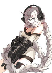 Rule 34 | 10s, 1girl, absurdly long hair, abyssal ship, bikini, bikini top only, black-framed eyewear, blue eyes, bra strap, braid, commentary request, dress, gauntlets, glasses, gloves, headphones, kantai collection, long hair, looking at viewer, mechanical arms, mechanical pencil, off shoulder, pencil, short dress, single braid, solo, supply depot princess, swimsuit, very long hair, white hair, yu kitsune