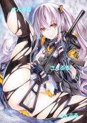 Rule 34 | 1girl, black gloves, black pantyhose, brown eyes, closed mouth, girls&#039; frontline, gloves, grey hair, gun, h&amp;k ump, holding, holding gun, holding weapon, jacket, long hair, looking at viewer, marker (medium), one side up, pantyhose, sample watermark, scar, scar across eye, scar on face, smile, solo, spread legs, suppressor, torn clothes, torn pantyhose, traditional media, ump45 (girls&#039; frontline), watermark, weapon, yqgkg