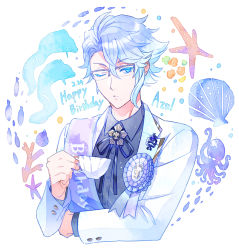 Rule 34 | 1boy, award ribbon, azul ashengrotto, birthday, birthday sash, blue eyes, blue hair, blue ribbon, blue shirt, blue theme, brooch, buttons, closed mouth, collared shirt, commentary request, coral, cup, dated, dress shirt, eel, fish, glasses, happy birthday, holding, holding cup, jacket, jewelry, lapel pin, lapels, long sleeves, male focus, mole, mole under mouth, neck ribbon, octopus, one eye closed, over-rim eyewear, ribbon, sash, semi-rimless eyewear, shirt, short hair, solo, starfish, suit jacket, sujiko (125motimoti), teacup, twisted wonderland, upper body