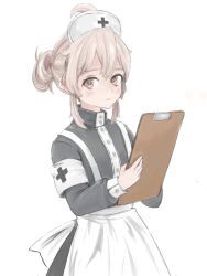 Rule 34 | 1girl, ahoge, alternate costume, alternate hairstyle, apron, arver1944, brown eyes, buttons, chinese commentary, commentary request, folded ponytail, hair between eyes, hair up, hat, highres, holding, holding notepad, long sleeves, looking at viewer, notepad, nurse, nurse cap, onii-chan wa oshimai!, oyama mahiro, simple background, solo, waist apron, white background, white hair