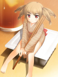 Rule 34 | 1girl, barefoot, blush, brown hair, chopsticks, feet, female focus, inuarashi, japanese clothes, kimono, mini person, minigirl, oversized object, personification, quad tails, red eyes, sitting, solo, toes, v arms