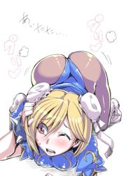 Rule 34 | 1girl, ass, blonde hair, bracelet, breasts, bun cover, capcom, character request, chinese clothes, chun-li, cosplay, double bun, hair bun, jewelry, pantyhose, short hair, simple background, solo, spiked bracelet, spikes, street fighter, street fighter ii (series), tukiwani, white background