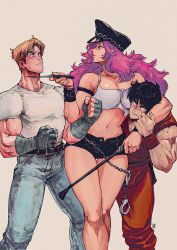 Rule 34 | 1990s (style), 1girl, 2boys, armlet, big hair, black hair, black shorts, blonde hair, boy sandwich, breast press, breasts, cleavage, clenched hands, cody travers, colorized, commentary, cowboy shot, david liu, denim, dougi, dual wielding, english commentary, final fight, fingernails, guy (final fight), hand wraps, hat, headlock, height difference, highres, holding, jeans, knife, blade to throat, large breasts, male focus, midriff, multiple boys, muscular, nail polish, navel, ninja, pants, peaked cap, pink hair, pink nails, poison (final fight), retro artstyle, revision, riding crop, sandwiched, shirt, short shorts, shorts, sketch, narrow waist, strap slip, sweatdrop, t-shirt, thigh gap