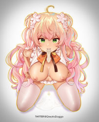 Rule 34 | 1girl, blonde hair, breasts, breasts out, condom, condom in mouth, cum, greatodoggo, green eyes, highres, hololive, kneeling, large breasts, long hair, looking at viewer, looking up, momosuzu nene, mouth hold, nipples, skirt, thighhighs, used condom, virtual youtuber, white thighhighs