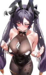 Rule 34 | 1girl, absurdres, alternate costume, animal ears, bare arms, bare shoulders, black bow, black bowtie, black leotard, black pantyhose, blush, bow, bowtie, breasts, card, closed mouth, commentary, covered navel, earrings, fake animal ears, fantongjun, from above, genshin impact, hands up, highres, jewelry, large breasts, leotard, long hair, mona (genshin impact), pantyhose, playboy bunny, playing card, rabbit ears, simple background, solo, star (symbol), star earrings, thighs, twintails, white background, wrist cuffs