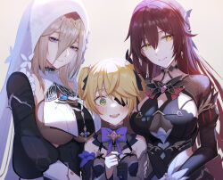 Rule 34 | 3girls, aponia (honkai impact), black dress, blonde hair, blue eyes, blush, breasts, brown hair, closed mouth, company connection, dress, eden (honkai impact), eyepatch, fischl (genshin impact), genshin impact, green eyes, hair between eyes, hair ornament, highres, honkai (series), honkai impact 3rd, large breasts, long bangs, long hair, long sleeves, looking at viewer, mihoyo, mole, mole under eye, multiple girls, nun, open mouth, power connection, simple background, smile, two side up, veil, yellow eyes, yumegiwa (skgl thx)