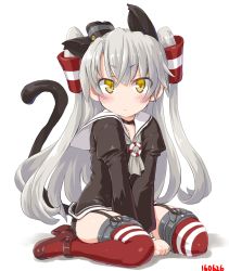 Rule 34 | &gt;:&lt;, 10s, 1girl, :&lt;, amatsukaze (kancolle), animal ears, between legs, black panties, cat ears, cat tail, clenched hands, closed mouth, dd (ijigendd), dress, garter straps, hair tubes, hand between legs, kantai collection, kemonomimi mode, long hair, looking at viewer, numbered, panties, red thighhighs, sailor dress, short dress, silver hair, simple background, sitting, solo, striped clothes, striped thighhighs, tail, thighhighs, two side up, underwear, v-shaped eyebrows, white background, yellow eyes