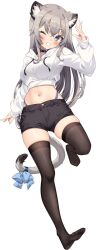 Rule 34 | 1girl, ;d, absurdres, animal ear fluff, animal ears, black shorts, black thighhighs, blue eyes, bow, breasts, cat ears, cat girl, cat tail, collar, commission, crop top, cropped hoodie, full body, grey hair, grin, highres, hood, hood down, hoodie, jun (aousa0328), large breasts, long hair, long sleeves, looking at viewer, navel, no shoes, one eye closed, open mouth, original, shorts, simple background, skeb commission, smile, stomach, tail, tail bow, tail ornament, thighhighs, thong, white background, white hoodie