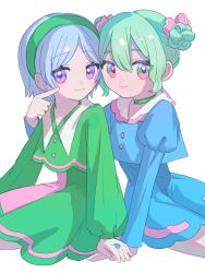 Rule 34 | 2girls, blue dress, blue eyes, blue hair, choker, closed mouth, collared dress, commentary, double bun, dress, earrings, finger to another&#039;s cheek, green choker, green dress, green eyes, green hair, green hairband, hair between eyes, hair bun, hair ornament, hairband, highres, jewelry, juliet sleeves, long sleeves, looking at viewer, medium hair, multiple girls, nagomi ( nagomi ), original, parted bangs, puffy sleeves, ring, short dress, simple background, sitting, smile, symbol-only commentary, white background