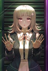 Rule 34 | 1girl, against glass, black jacket, blunt bangs, breasts, collared shirt, danganronpa (series), danganronpa 2: goodbye despair, hair ornament, hairclip, hands up, highres, hood, hood down, hooded jacket, hoodie, indoors, jacket, large breasts, long sleeves, looking at viewer, mmo (mmo omm938), nanami chiaki, open clothes, open jacket, open mouth, outstretched hand, pink eyes, pink ribbon, pleated skirt, ribbon, shirt, shirt tucked in, short hair, skirt, solo, upper body, white shirt, wing collar