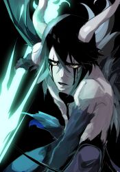 Rule 34 | 1boy, bat wings, black background, black hair, black sclera, bleach, colored sclera, colored skin, energy weapon, glowing, glowing weapon, hair between eyes, highres, hishui prpr, holding, holding polearm, holding weapon, hole in chest, hole on body, horns, looking at viewer, male focus, parted lips, polearm, short hair, solo, ulquiorra cifer, weapon, white horns, white skin, wings, yellow eyes