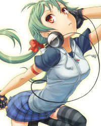 Rule 34 | 1girl, arm strap, arm up, black gloves, breasts, cable, face, fingerless gloves, gloves, green hair, hair ribbon, hand on headphones, headphones, highres, hood, hoodie, itou (onsoku tassha), legs folded, original, parted lips, plaid, plaid skirt, ponytail, raglan sleeves, red eyes, red ribbon, ribbon, shoes, simple background, skirt, solo, star-shaped pupils, star (symbol), striped clothes, striped thighhighs, symbol-shaped pupils, thighhighs, wire, zipper