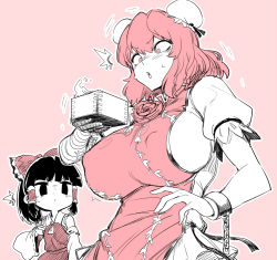 Rule 34 | 2girls, alternate breast size, ascot, black eyes, black hair, blush, box, breast expansion, breasts, bun cover, chain, chibi, commentary request, cuffs, detached sleeves, double bun, empty eyes, flower, hair bun, hair ornament, hair ribbon, hair tubes, hakurei reimu, huge breasts, ibaraki kasen, japanese clothes, long sleeves, looking at another, looking down, miko, monochrome, multiple girls, open mouth, pink background, pink eyes, pink hair, puffy sleeves, ribbon, rose, shirt, short hair, short sleeves, simple background, single hair bun, skirt, skirt set, spacezin, spot color, sweat, sweatdrop, tabard, touhou, trembling, upper body, wide sleeves
