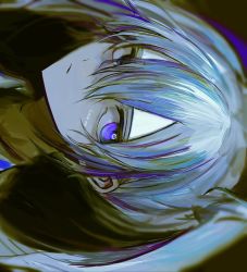 Rule 34 | 1girl, bad id, bad pixiv id, black background, blue hair, body writing, closed mouth, commentary request, hair between eyes, hatsune miku, hzk (user kemd2843), limited palette, long hair, multicolored hair, portrait, power symbol, power symbol-shaped pupils, purple eyes, purple hair, sideways, simple background, solo, symbol-shaped pupils, twintails, vocaloid, white hair