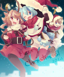 Rule 34 | 10s, 2014, 3girls, ;d, ankle boots, antlers, asari toko, bad id, bad pixiv id, blue eyes, blue hair, blush, boots, brown footwear, brown hair, capelet, detached sleeves, hat, horns, long hair, looking at viewer, merry christmas, multiple girls, one eye closed, open mouth, original, red eyes, santa costume, santa hat, short hair, smile, star (symbol), striped clothes, striped legwear, striped thighhighs, tears, thighhighs, vertical-striped clothes, vertical-striped legwear, vertical-striped thighhighs