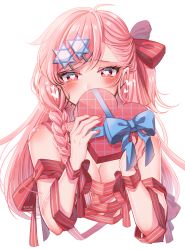 Rule 34 | 1girl, absurdres, bare shoulders, blue bow, blush, bow, box, braid, breasts, cleavage, cropped torso, fingernails, gift, girls&#039; frontline, hair ornament, hair ribbon, hairclip, heart, heart-shaped box, heart-shaped pupils, hexagram, highres, holding, holding gift, large breasts, long hair, menna (0012), nail polish, naked ribbon, negev (girls&#039; frontline), pink eyes, pink hair, pink nails, red ribbon, ribbon, side braid, simple background, solo, star of david, swept bangs, symbol-shaped pupils, twitter username, upper body, valentine, white background