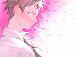Rule 34 | 1boy, blood, brown eyes, brown hair, closed mouth, collared shirt, commentary request, cross neko, danganronpa (series), danganronpa 2: goodbye despair, from side, green necktie, highres, hinata hajime, male focus, necktie, pink background, pink blood, portrait, profile, shirt, short hair, solo, spiked hair, two-tone background, upper body, white background, white shirt