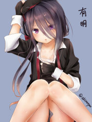 Rule 34 | 1girl, akino shuu, ariake (kancolle), black gloves, black hat, blue background, blush, character name, collarbone, eyes visible through hair, fingerless gloves, gloves, gradient hair, hair between eyes, hat, kantai collection, knees together feet apart, long hair, multicolored hair, parted lips, purple eyes, purple hair, simple background, solo, twitter username