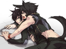 Rule 34 | 2boys, animal ears, annoyed, bad id, bad pixiv id, bare shoulders, black hair, chain, ear licking, kaidou ken, kemonomimi mode, licking, looking back, magami ryou, male focus, mazinger (series), mazinkaiser skl, midriff, mihoka, multiple boys, sleeveless, spiked hair, studded bracelet, tail, thick eyebrows, tile floor, tiles, tongue, tongue out, torn clothes, waist hold, wolf boy, wolf ears, wolf tail, yaoi