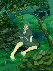 Rule 34 | 1boy, character request, closed eyes, full body, grand piano, green theme, instrument, male focus, nature, outdoors, piano, piano no mori, relaxing, renton (guero), rock, sitting, sitting on rock, soaking feet, solo, tree, tree shade, water
