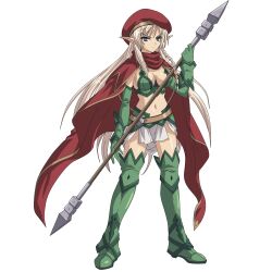 Rule 34 | 1girl, absurdres, alleyne (queen&#039;s blade), arm up, armpits, beret, blonde hair, blue eyes, blush, boots, braid, breasts, cape, cleavage, elbow gloves, elf, full body, gloves, green footwear, green gloves, green thighhighs, hat, highres, holding, holding weapon, long hair, looking at viewer, midriff, navel, official art, parted lips, pointy ears, polearm, queen&#039;s blade, side braid, sideboob, simple background, skirt, small breasts, solo, spear, stomach, tachi-e, thigh boots, thighhighs, tsurime, very long hair, weapon, white background, white skirt
