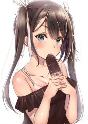 Rule 34 | 1girl, blue eyes, blush, brown dress, brown hair, confetti, dress, eating, food, hair ribbon, ice cream, iso, long hair, looking at viewer, original, popsicle, ribbon, twintails, upper body