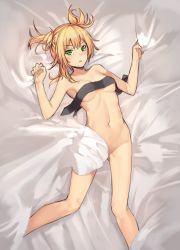 Rule 34 | 1girl, bed sheet, black necktie, blonde hair, braid, breasts, do2mi doreimi, from above, girls&#039; frontline, green eyes, highres, lying, navel, necktie, nude, on back, small breasts, solo, welrod mkii (girls&#039; frontline)