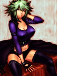 Rule 34 | 1girl, animal ears, belt, breasts, cat ears, cleavage, curvy, covered erect nipples, fingerless gloves, fumio (rsqkr), gloves, green hair, large breasts, midriff, navel, no bra, one eye closed, scar, short hair, sitting, solo, thighhighs, wink