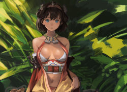 Rule 34 | 1girl, blue eyes, breasts, breasts apart, brown hair, dark-skinned female, dark skin, detached sleeves, green background, highres, looking at viewer, medium breasts, open clothes, open mouth, oshiro project:re, parted lips, sara manta, short hair, shuri (oshiro project), solo